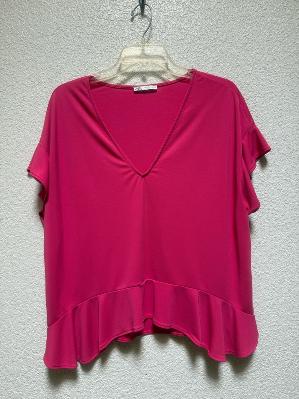 Zara Hot Pink V-Neck Ruffle Hem Women's Top M